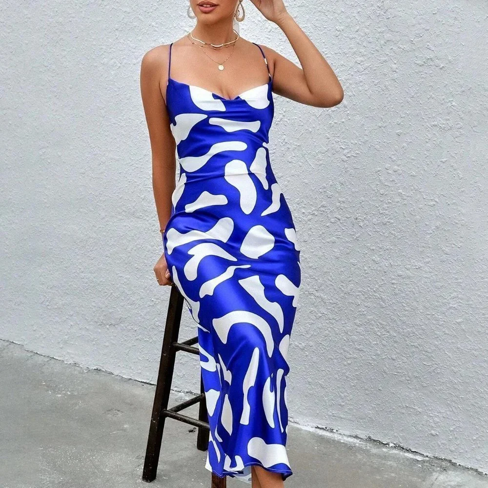 Blue & White Preppy Womens Allover Print Draped Collar Cami Dress - Picture 3 of 5